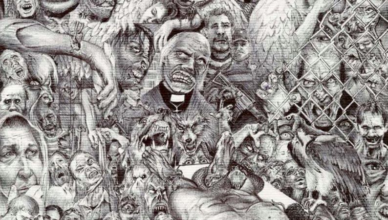 Sketch of tormented beings and faces